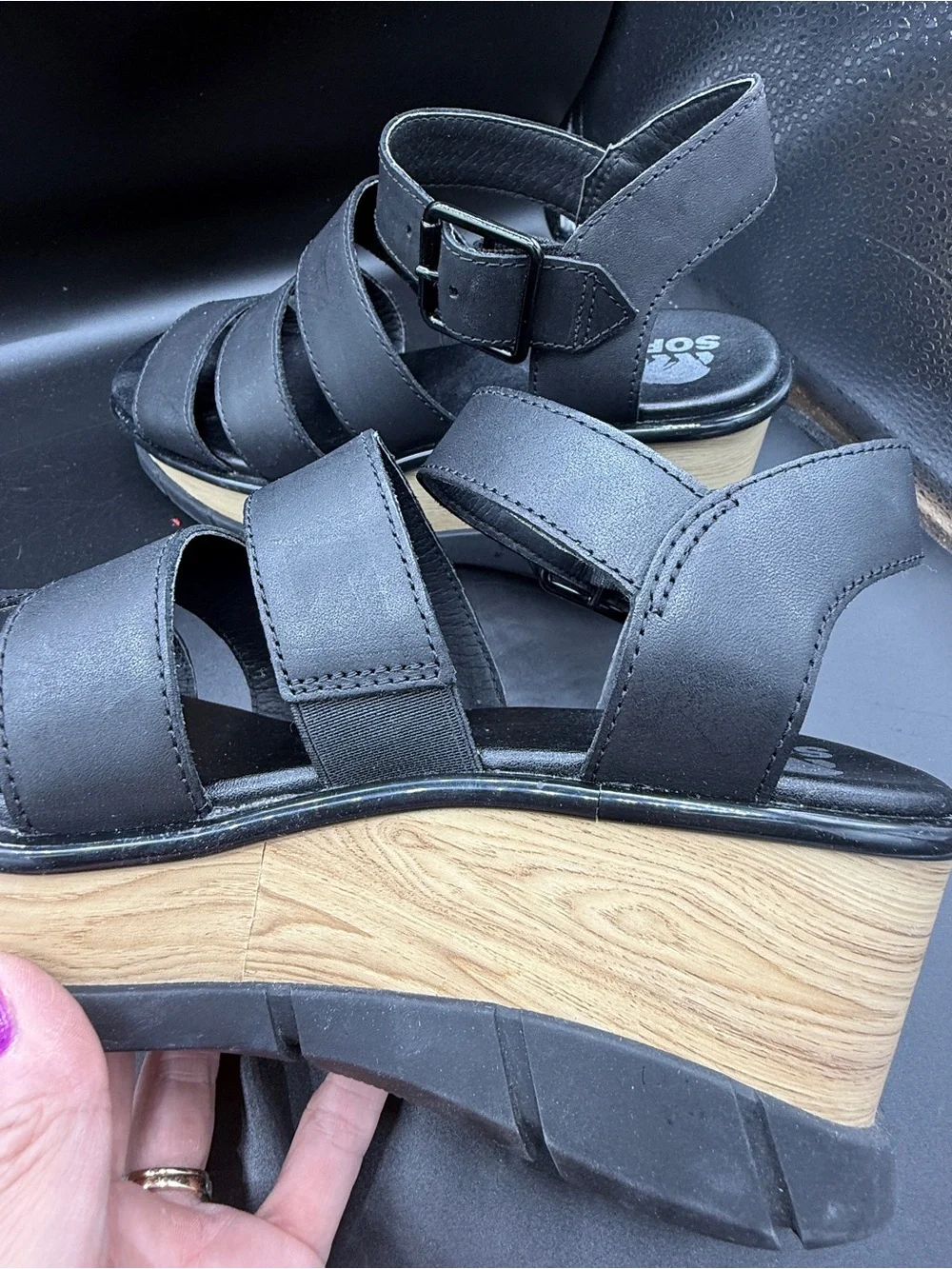 Sorel Joanie III Ankle Strap Platform Wedge Sandal Faux Woodgrain Size 8